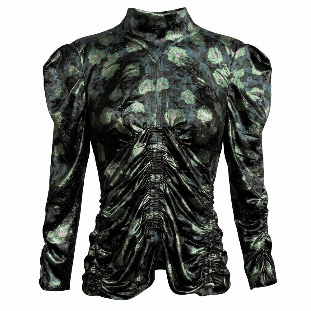 Isabel Marant Silk Blend Metallic Green Ruched Top Blouse Size EU 36 US Small